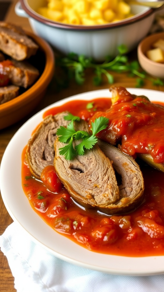 Tender slices of Italian-style brisket in tomato sauce on a rustic plate, garnished with parsley, beside creamy polenta.